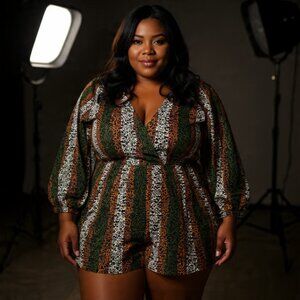 Fashion Nova Animal Print Long Sleeve Wrap Romper w/ Tie Belt
